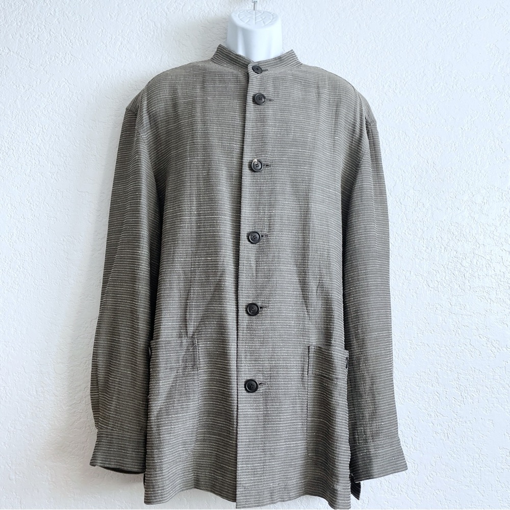 Issey Miyake Men's Gray Stripe Textured Button-Up Shirt XL Mandarin Collar